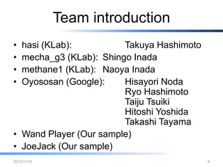 Team introduction
•   hasi (KLab):       Takuya Hashimoto
•   mecha_g3 (KLab):   Shingo Inada
•   methane1 (KLab):   Naoya Inada
•   Oyososan (Google): Hisayori Noda
                       Ryo Hashimoto
                       Taiju Tsuiki
                       Hitoshi Yoshida
                       Takashi Tayama
• Wand Player (Our sample)
• JoeJack (Our sample)
2012/12/26                            4
 