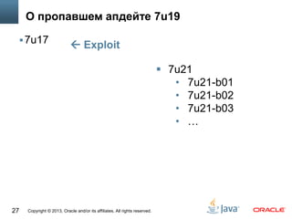 Copyright © 2013, Oracle and/or its affiliates. All rights reserved.27
О пропавшем апдейте 7u19
7u17  Exploit
 7u21
• 7u21-b01
• 7u21-b02
• 7u21-b03
• …
 