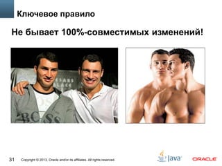 Copyright © 2013, Oracle and/or its affiliates. All rights reserved.31
Ключевое правило
Не бывает 100%-совместимых изменений!
 