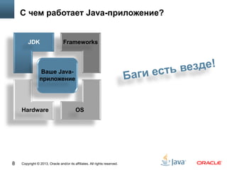 Copyright © 2013, Oracle and/or its affiliates. All rights reserved.8
С чем работает Java-приложение?
JDK
Hardware
Frameworks
OS
Ваше Java-
приложение
 