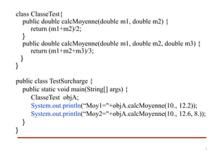 class ClasseTest{
public double calcMoyenne(double m1, double m2) {
return (m1+m2)/2;
}
public double calcMoyenne(double m1, double m2, double m3) {
return (m1+m2+m3)/3;
}
}
public class TestSurcharge {
public static void main(String[] args) {
ClasseTest objA;
System.out.println(“Moy1="+objA.calcMoyenne(10., 12.2));
System.out.println(“Moy2="+objA.calcMoyenne(10., 12.6, 8.));
}
}
5
 