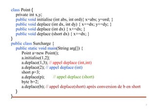 class Point {
private int x,y;
public void initialise (int abs, int ord){ x=abs; y=ord; }
public void deplace (int dx, int dy) { x+=dx; y+=dy; }
public void deplace (int dx) { x+=dx; }
public void deplace (short dx) { x+=dx; }
}
public class Surcharge {
public static void main(String arg[]) {
Point a=new Point();
a.initialise(1,2);
a.deplace(1,3); // appel deplace (int,int)
a.deplace(2); // appel deplace (int)
short p=3;
// appel deplace (short)a.deplace(p);
byte b=2;
a.deplace(b); // appel deplace(short) après conversion de b en short
}
}
7
 