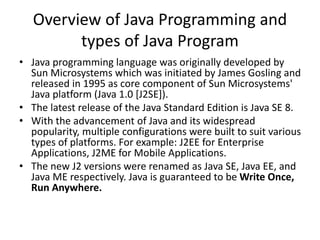 Overview of Java Programming and
types of Java Program
• Java programming language was originally developed by
Sun Microsystems which was initiated by James Gosling and
released in 1995 as core component of Sun Microsystems'
Java platform (Java 1.0 [J2SE]).
• The latest release of the Java Standard Edition is Java SE 8.
• With the advancement of Java and its widespread
popularity, multiple configurations were built to suit various
types of platforms. For example: J2EE for Enterprise
Applications, J2ME for Mobile Applications.
• The new J2 versions were renamed as Java SE, Java EE, and
Java ME respectively. Java is guaranteed to be Write Once,
Run Anywhere.
 
