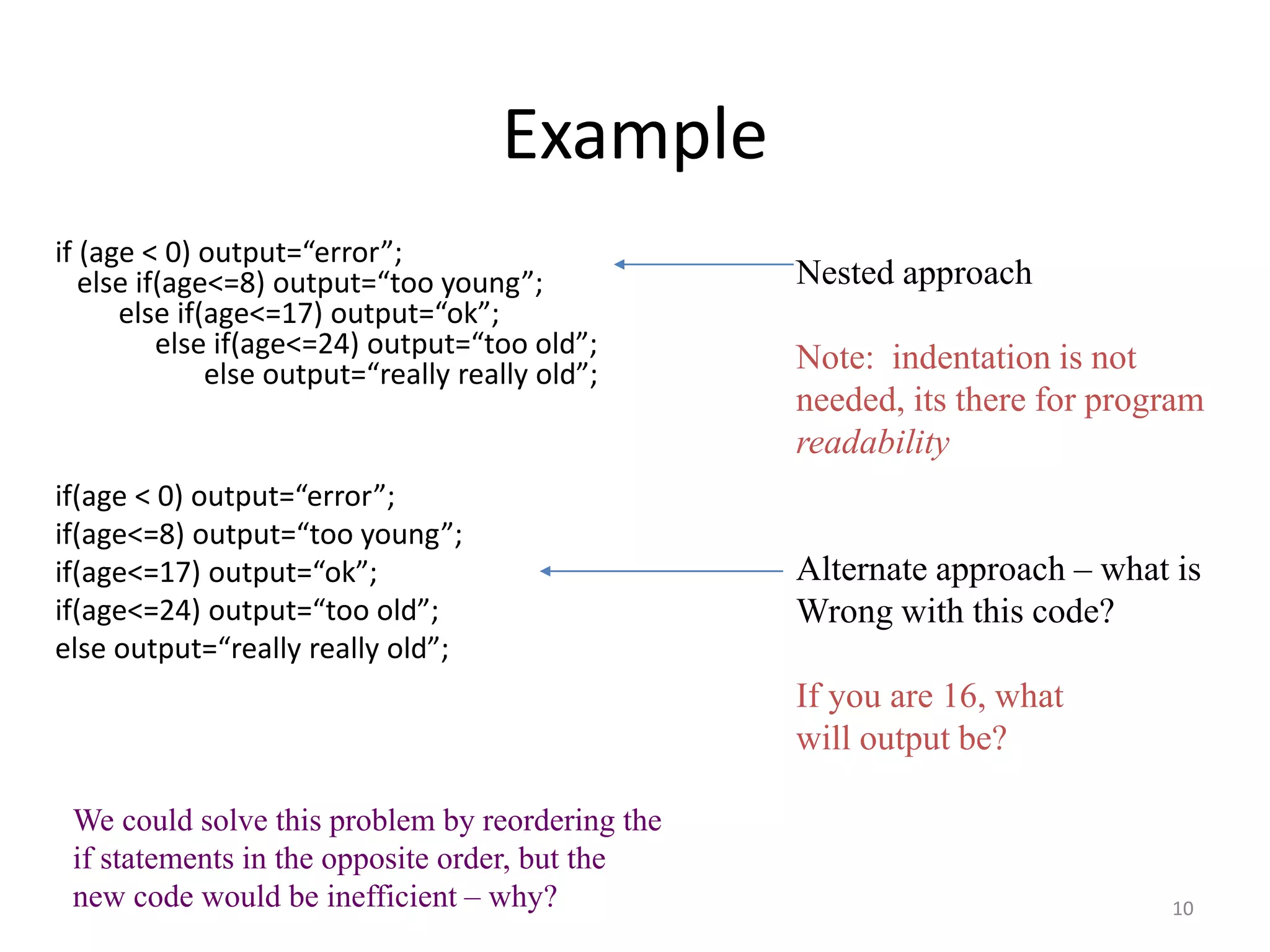 Example
if (age < 0) output=“error”;
else if(age<=8) output=“too young”;
else if(age<=17) output=“ok”;
else if(age<=24) output=“too old”;
else output=“really really old”;
if(age < 0) output=“error”;
if(age<=8) output=“too young”;
if(age<=17) output=“ok”;
if(age<=24) output=“too old”;
else output=“really really old”;
Nested approach
Note: indentation is not
needed, its there for program
readability
Alternate approach – what is
Wrong with this code?
If you are 16, what
will output be?
We could solve this problem by reordering the
if statements in the opposite order, but the
new code would be inefficient – why? 10
 