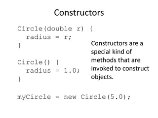 Constructors
Circle(double r) {
radius = r;
}
Circle() {
radius = 1.0;
}
myCircle = new Circle(5.0);
Constructors are a
special kind of
methods that are
invoked to construct
objects.
 
