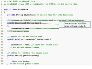 26
Outline
• GradeBook.jav
a
• (1 of 2)
1 // Fig. 3.10: GradeBook.java
2 // GradeBook class with a constructor to initialize the course name.
3
4 public class GradeBook
5 {
6 private String courseName; // course name for this GradeBook
7
8 // constructor initializes courseName with String supplied as argument
9 public GradeBook( String name )
10 {
11 courseName = name; // initializes courseName
12 } // end constructor
13
14 // method to set the course name
15 public void setCourseName( String name )
16 {
17 courseName = name; // store the course name
18 } // end method setCourseName
19
20 // method to retrieve the course name
21 public String getCourseName()
22 {
23 return courseName;
24 } // end method getCourseName
Constructor to initialize
courseName variable
 