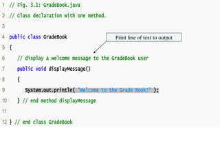 9
• GradeBook.java
1 // Fig. 3.1: GradeBook.java
2 // Class declaration with one method.
3
4 public class GradeBook
5 {
6 // display a welcome message to the GradeBook user
7 public void displayMessage()
8 {
9 System.out.println( "Welcome to the Grade Book!" );
10 } // end method displayMessage
11
12 } // end class GradeBook
Print line of text to output
 