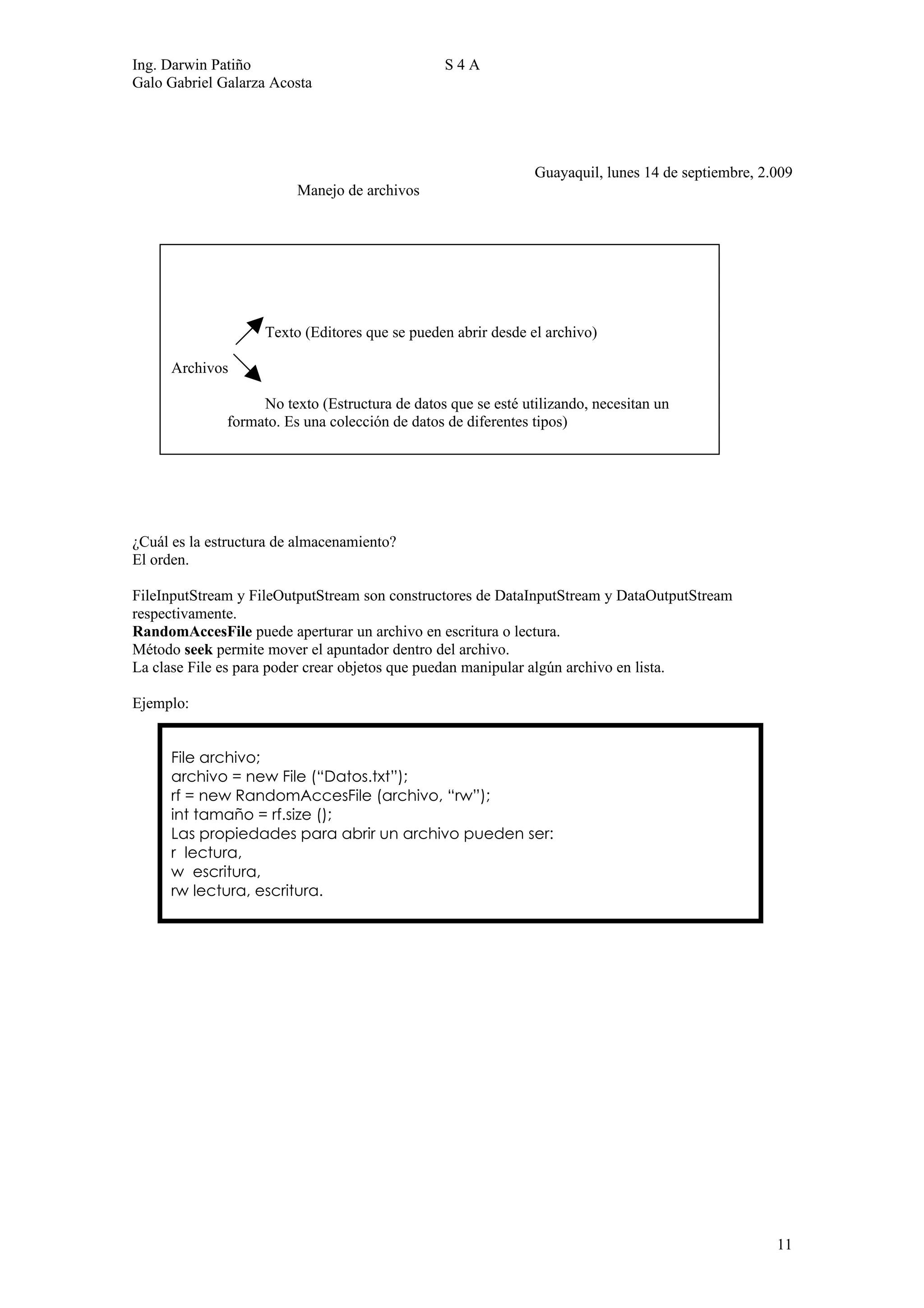 Ing. Darwin Patiño                              S4A
Galo Gabriel Galarza Acosta




                                                               Guayaquil, lunes 14 de septiembre, 2.009
                         Manejo de archivos




                    Texto (Editores que se pueden abrir desde el archivo)

      Archivos

                   No texto (Estructura de datos que se esté utilizando, necesitan un
              formato. Es una colección de datos de diferentes tipos)




¿Cuál es la estructura de almacenamiento?
El orden.

FileInputStream y FileOutputStream son constructores de DataInputStream y DataOutputStream
respectivamente.
RandomAccesFile puede aperturar un archivo en escritura o lectura.
Método seek permite mover el apuntador dentro del archivo.
La clase File es para poder crear objetos que puedan manipular algún archivo en lista.

Ejemplo:


      File archivo;
      archivo = new File (“Datos.txt”);
      rf = new RandomAccesFile (archivo, “rw”);
      int tamaño = rf.size ();
      Las propiedades para abrir un archivo pueden ser:
      r lectura,
      w escritura,
      rw lectura, escritura.




                                                                                                    11
 