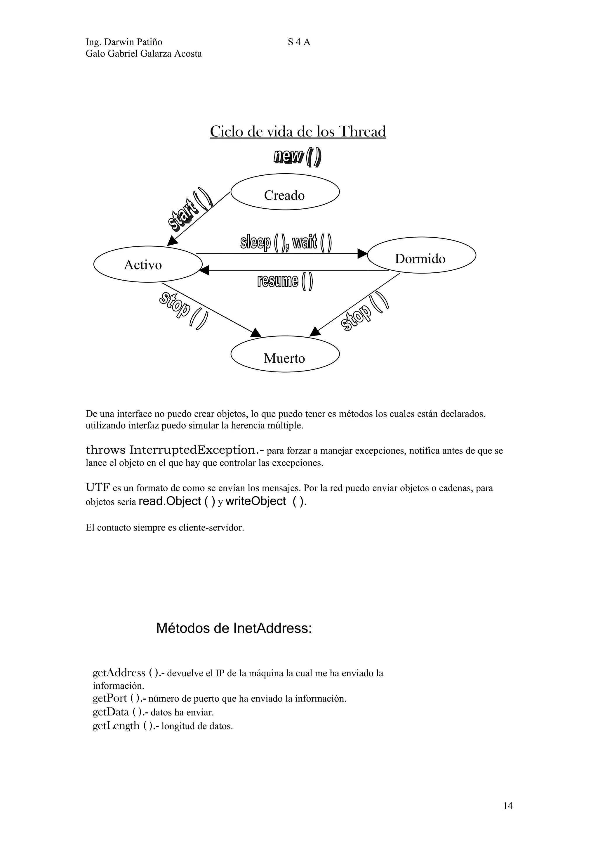 Ing. Darwin Patiño                                 S4A
Galo Gabriel Galarza Acosta




                               Ciclo de vida de los Thread


                                             Creado



         Activo                                                             Dormido




                                            Muerto


De una interface no puedo crear objetos, lo que puedo tener es métodos los cuales están declarados,
utilizando interfaz puedo simular la herencia múltiple.

throws InterruptedException.- para forzar a manejar excepciones, notifica antes de que se
lance el objeto en el que hay que controlar las excepciones.

UTF es un formato de como se envían los mensajes. Por la red puedo enviar objetos o cadenas, para
objetos sería read.Object ( ) y writeObject ( ).

El contacto siempre es cliente-servidor.




                 Métodos de InetAddress:


 getAddress ( ).- devuelve el IP de la máquina la cual me ha enviado la
 información.
 getPort ( ).- número de puerto que ha enviado la información.
 getData ( ).- datos ha enviar.
 getLength ( ).- longitud de datos.




                                                                                                      14
 
