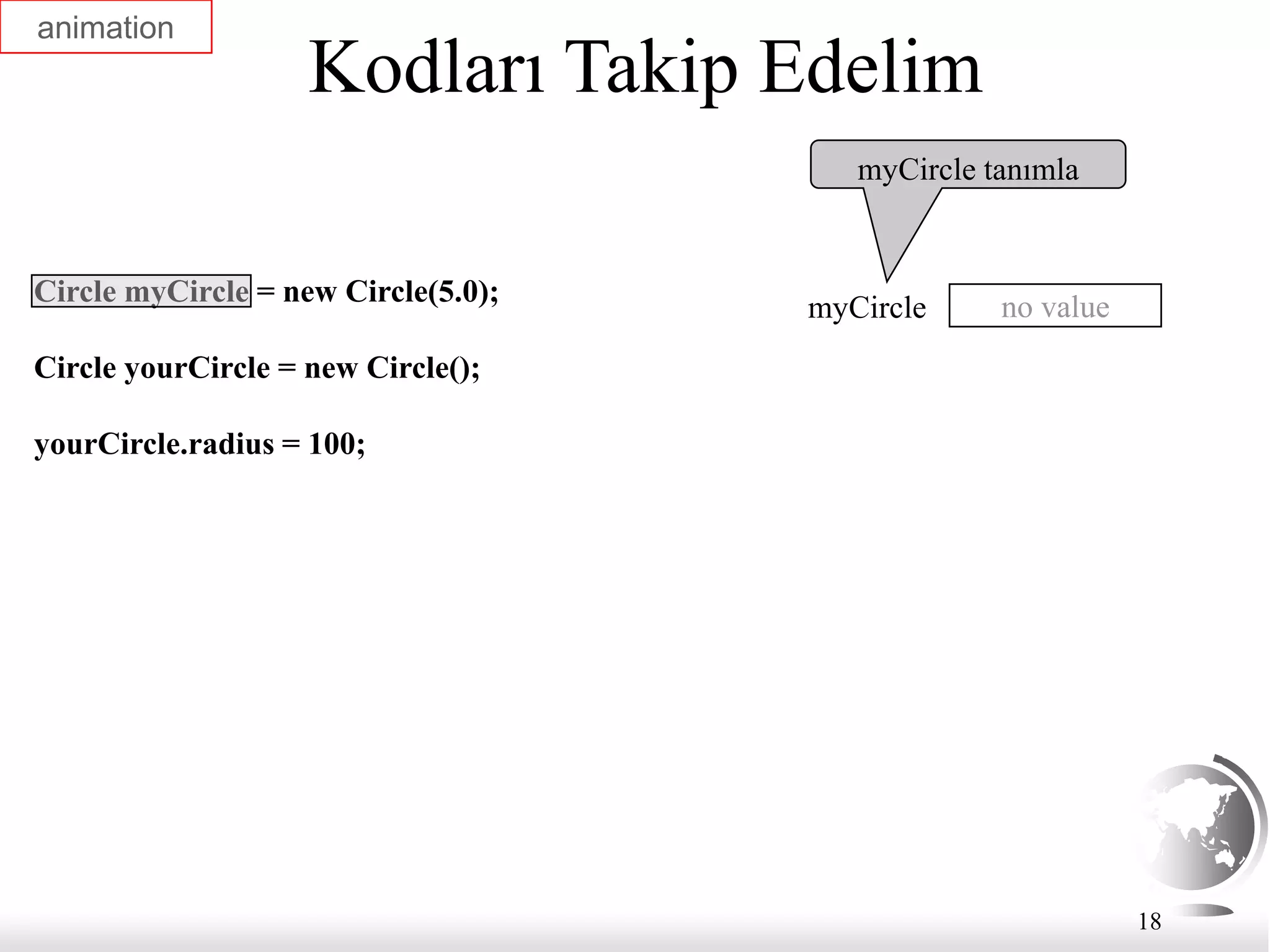 18
Kodları Takip Edelim
Circle myCircle = new Circle(5.0);
Circle yourCircle = new Circle();
yourCircle.radius = 100;
myCircle tanımla
no value
myCircle
animation
 
