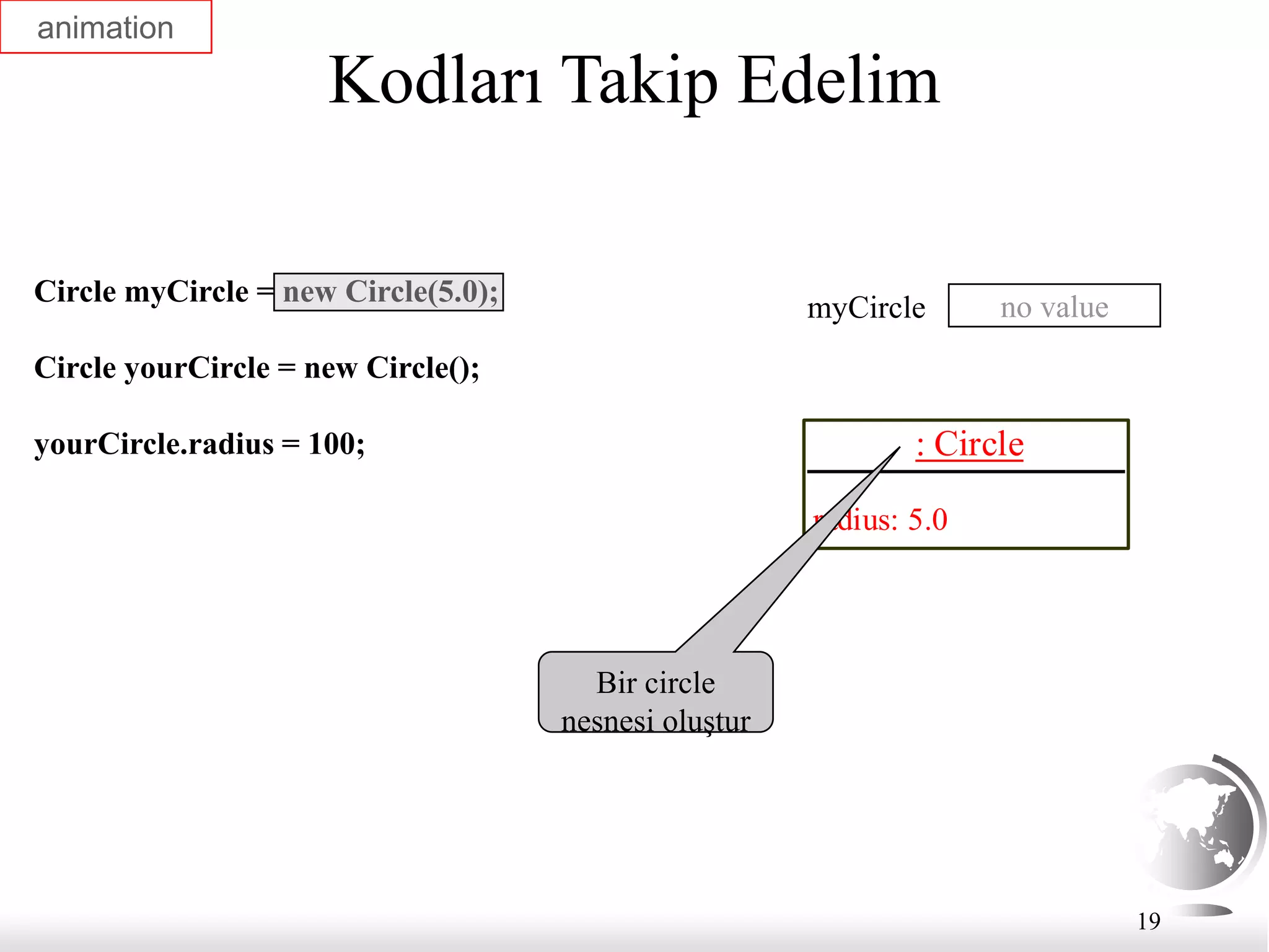 19
Kodları Takip Edelim
Circle myCircle = new Circle(5.0);
Circle yourCircle = new Circle();
yourCircle.radius = 100; : Circle
radius: 5.0
no value
myCircle
Bir circle
nesnesi oluştur
animation
 