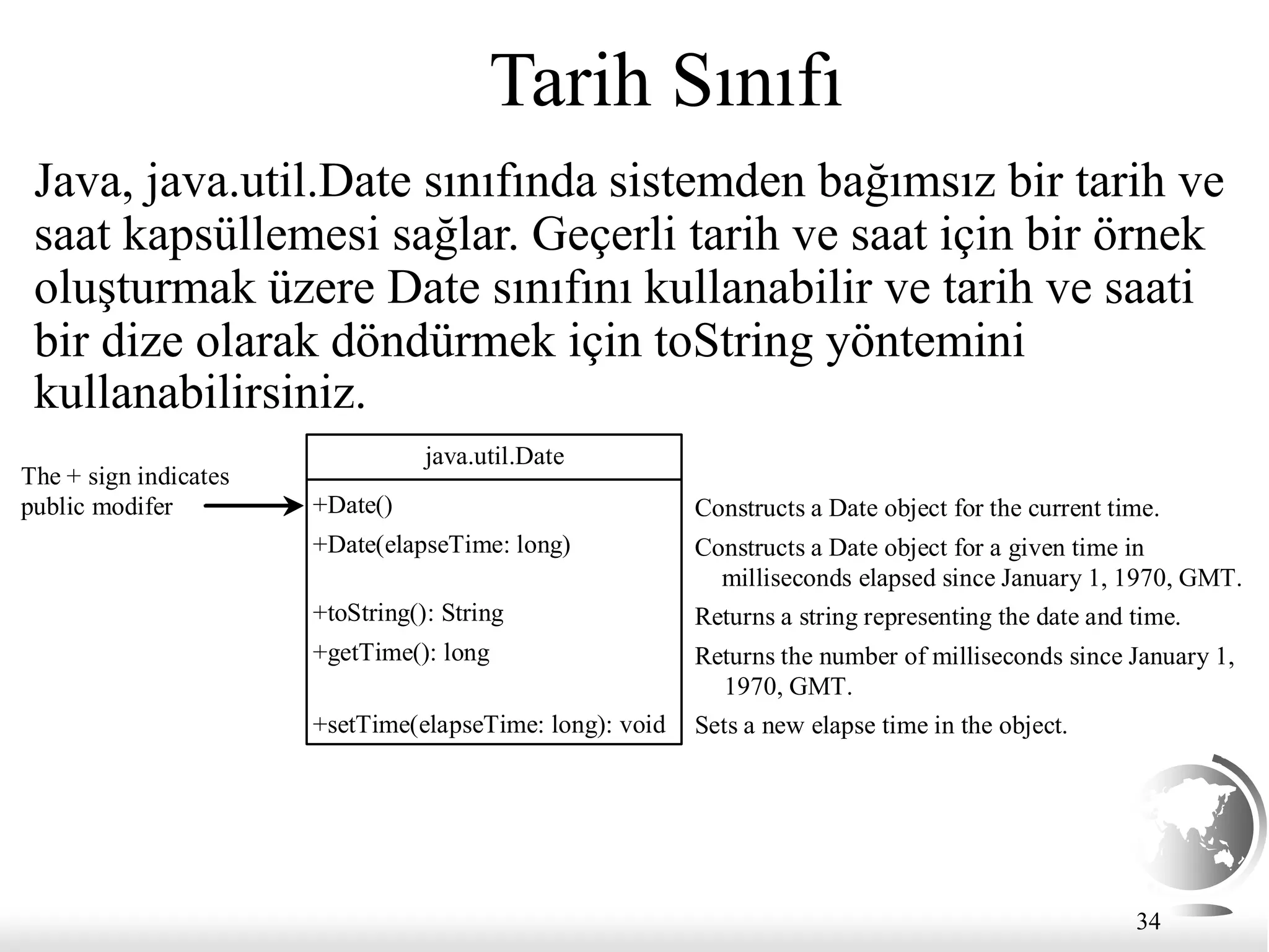 34
Tarih Sınıfı
Java, java.util.Date sınıfında sistemden bağımsız bir tarih ve
saat kapsüllemesi sağlar. Geçerli tarih ve saat için bir örnek
oluşturmak üzere Date sınıfını kullanabilir ve tarih ve saati
bir dize olarak döndürmek için toString yöntemini
kullanabilirsiniz.
java.util.Date
+Date()
+Date(elapseTime: long)
+toString(): String
+getTime(): long
+setTime(elapseTime: long): void
Constructs a Date object for the current time.
Constructs a Date object for a given time in
milliseconds elapsed since January 1, 1970, GMT.
Returns a string representing the date and time.
Returns the number of milliseconds since January 1,
1970, GMT.
Sets a new elapse time in the object.
The + sign indicates
public modifer
 