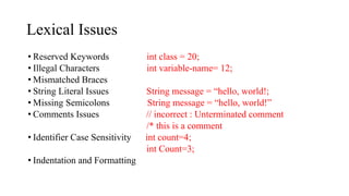 Lexical Issues
• Reserved Keywords int class = 20;
• Illegal Characters int variable-name= 12;
• Mismatched Braces
• String Literal Issues String message = “hello, world!;
• Missing Semicolons String message = “hello, world!”
• Comments Issues // incorrect : Unterminated comment
/* this is a comment
• Identifier Case Sensitivity int count=4;
int Count=3;
• Indentation and Formatting
 