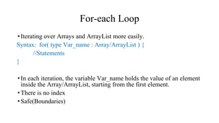For-each Loop
•Iterating over Arrays and ArrayList more easily.
Syntax: for( type Var_name : Array/ArrayList ) {
//Statements
}
•In each iteration, the variable Var_name holds the value of an element
inside the Array/ArrayList, starting from the first element.
•There is no index
•Safe(Boundaries)
 