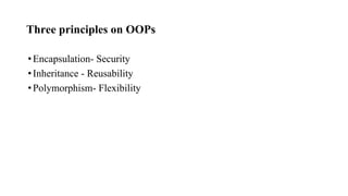 Three principles on OOPs
•Encapsulation- Security
•Inheritance - Reusability
•Polymorphism- Flexibility
 