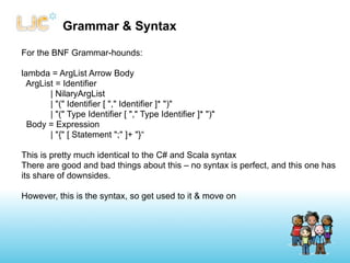 Grammar & Syntax

For the BNF Grammar-hounds:

lambda = ArgList Arrow Body
  ArgList = Identifier
        | NilaryArgList
        | "(" Identifier [ "," Identifier ]* ")"
        | "(" Type Identifier [ "," Type Identifier ]* ")"
  Body = Expression
        | "{" [ Statement ";" ]+ "}“

This is pretty much identical to the C# and Scala syntax
There are good and bad things about this – no syntax is perfect, and this one has
its share of downsides.

However, this is the syntax, so get used to it & move on
 