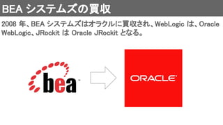 BEA システムズの買収 
2008 年、BEA システムズはオラクルに買収され、WebLogic は、Oracle
WebLogic、JRockit は Oracle JRockit となる。 
 
