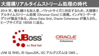 大規模リアルタイムストリーム処理の時代 
2014 年、増え続ける加入者、パケットサイズに対応するため、大規模リ
アルタイムストリーム処理 (Chronos-Core) に挑戦。インメモリ・データ
グリッド製品である、JBoss Data Grid、Oracle Coherence が導入され、
ヒープサイズは 100GB に迫る。 
JVM は RHEL の OpenJDK、GC アルゴリズムは CMS 。 
 