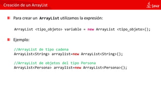 Creación de un ArrayList
Para crear un ArrayList utilizamos la expresión:
ArrayList <tipo_objeto> variable = new ArrayList <tipo_objeto>();
Ejemplo:
//ArrayList de tipo cadena
ArrayList<String> arraylist=new ArrayList<String>();
//ArrayList de objetos del tipo Persona
ArrayList<Persona> arraylist=new ArrayList<Persona>();
 