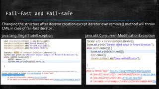 Fail-fast and Fail-safe
Changing the structure after iterator creation except iterator own remove() method will throw
CME in case of fail-fast iterator .
java.lang.IllegalStateException java.util.ConcurrentModificationException
 