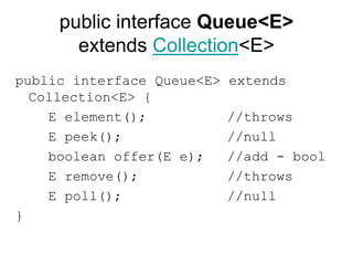 public interface Queue<E>
extends Collection<E>
public interface Queue<E> extends
Collection<E> {
E element(); //throws
E peek(); //null
boolean offer(E e); //add - bool
E remove(); //throws
E poll(); //null
}
 