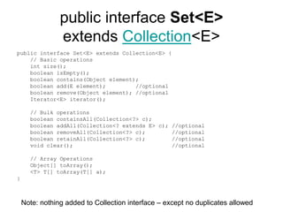 public interface Set<E>
extends Collection<E>
public interface Set<E> extends Collection<E> {
// Basic operations
int size();
boolean isEmpty();
boolean contains(Object element);
boolean add(E element); //optional
boolean remove(Object element); //optional
Iterator<E> iterator();
// Bulk operations
boolean containsAll(Collection<?> c);
boolean addAll(Collection<? extends E> c); //optional
boolean removeAll(Collection<?> c); //optional
boolean retainAll(Collection<?> c); //optional
void clear(); //optional
// Array Operations
Object[] toArray();
<T> T[] toArray(T[] a);
}
Note: nothing added to Collection interface – except no duplicates allowed
 