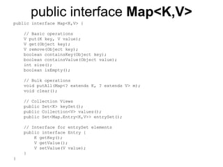 public interface Map<K,V>
public interface Map<K,V> {
// Basic operations
V put(K key, V value);
V get(Object key);
V remove(Object key);
boolean containsKey(Object key);
boolean containsValue(Object value);
int size();
boolean isEmpty();
// Bulk operations
void putAll(Map<? extends K, ? extends V> m);
void clear();
// Collection Views
public Set<K> keySet();
public Collection<V> values();
public Set<Map.Entry<K,V>> entrySet();
// Interface for entrySet elements
public interface Entry {
K getKey();
V getValue();
V setValue(V value);
}
}
 