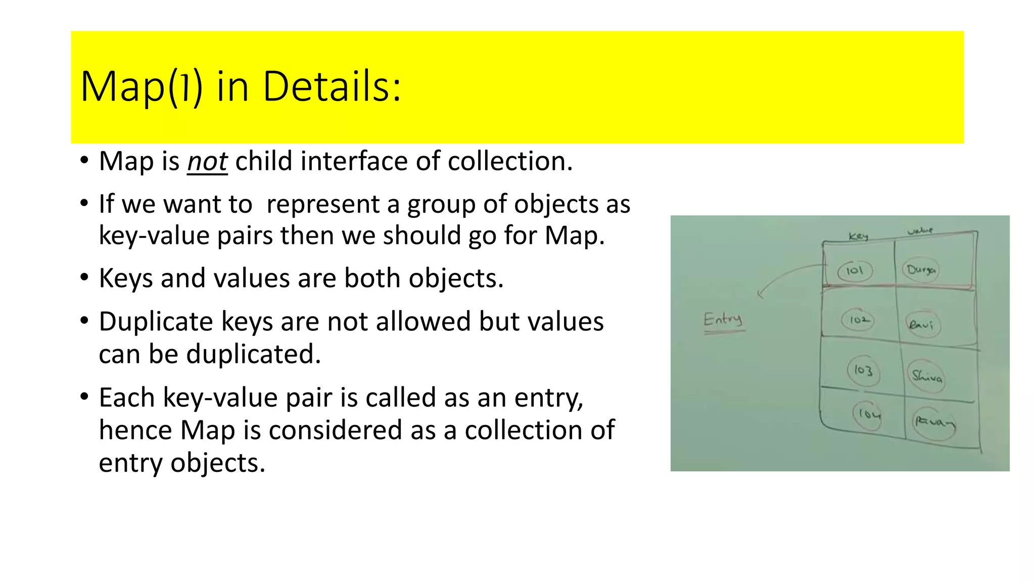 Map(I) in Details:
• Map is not child interface of collection.
• If we want to represent a group of objects as
key-value pairs then we should go for Map.
• Keys and values are both objects.
• Duplicate keys are not allowed but values
can be duplicated.
• Each key-value pair is called as an entry,
hence Map is considered as a collection of
entry objects.
 