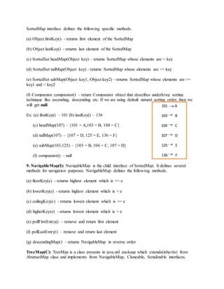 SortedMap interface defines the following specific methods.
(a) Object firstKey() - returns first element of the SortedMap
(b) Object lastKey() - returns last element of the SortedMap
(c) SortedSet headMap(Object key) – returns SortedMap whose elements are < key
(d) SortedSet tailMap(Object key) - returns SortedMap whose elements are >= key
(e) SortedSet subMap(Object key1, Object key2) - returns SortedMap whose elements are >=
key1 and < key2
(f) Comparator comparator() – return Comparator object that describes underlying sorting
technique like ascending, descending etc. If we are using default natural sorting order, then we
will get null.
Ex: (a) firstKey() – 101 (b) lastKey() – 136
(c) headMap(107) – {101 = A,103 = B, 104 = C}
(d) tailMap(107) – {107 = D, 125 = E, 136 = F}
(e) subMap(103,125) – {103 = B, 104 = C, 107 = D}
(f) comparator() – null
9. NavigableMap(I): NavigableMap is the child interface of SortedMap. It defines several
methods for navigation purposes. NavigableMap defines the following methods.
(a) floorKey(e) - returns highest element which is <= e
(b) lowerKey(e) - returns highest element which is > e
(c) ceilingKey(e) - returns lowest element which is >= e
(d) higherKey(e) - returns lowest element which is > e
(e) pollFirstEntry() – remove and return first element
(f) pollLastEntry() – remove and return last element
(g) descendingMap() – returns NavigableMap in reverse order
TreeMap(C): TreeMap is a class presents in java.util package which extends(inherits) from
AbstractMap class and implements from NavigableMap, Cloneable, Serializable interfaces.
101 A
103 B
104 C
107 D
125 E
136 F
 