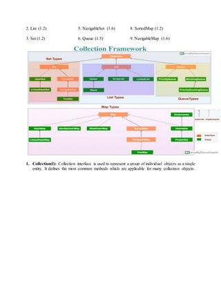 2. List (1.2) 5. NavigableSet (1.6) 8. SortedMap (1.2)
3. Set (1.2) 6. Queue (1.5) 9. NavigableMap (1.6)
1. Collection(I): Collection interface is used to represent a group of individual objects as a single
entity. It defines the most common methods which are applicable for many collection objects.
 