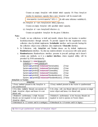 Creates an empty ArrayList with default initial capacity 10. Once ArrayList
reaches its maximum capacity then a new ArrayList will be created with
& with same reference variable(al).
(b) ArrayList al = new ArrayList(int initial_capacity);
Creates an empty ArrayList with specified initial capacity.
(c) ArrayList al = new ArrayList(Collection c);
Creates an equivalent ArrayList for the given Collection.
Note:
a. Usually we use collections to hold and transfer objects from one location to another
location(container) through network. To provide support for this requirement every
collection class by default implements Serializable interface and to provide backup for
the collection object every collection class implements Cloneable interface.
b. In Collections, only ArrayList and Vector classes are by default implements
RandomAccess interface. So, that any random element we can access with same speed.
c. RandomAccess: RandomAcess interface presents in java.util package and it doesn’t
contain any methods, so it is a marker interface, where required ability will be
provided by JVM automatically.
Ex: ArrayList l1 = new ArrayList();
LinkedList l2 = new LinkedList();
System.out.println(l1 instanceof Serializable); // true
System.out.println(l2 instanceof Serializable); // true
System.out.println(l1 instanceof Cloneable); // true
System.out.println(l2 instanceof Cloneable); // true
System.out.println(l1 instanceof RandomAccess); // true
System. out.println(l2 instanceof RandomAccess); // false
ArrayList vs Vector:
ArrayList Vector
1.Every method present in the ArrayList is
non-synchronized.
1.Every method present in the Vector is synchronized.
2.At a time, multiple threads can operate on
single ArrayList object and hence it is not
thread safe.
2.At a time, only one thread allowed to operate on single
vector object and hence it is thread safe.
3.Relatively performance is high because
threads are not required to wait to operate on
ArrayList object.
3.Relatively performance is low because threads are
required to wait to operate on Vector object.
4.Introduced in 1.2 version and it is nonlegacy 4.Introduced in 1.0 version and it is legacy.
Q: How to get synchronized version of ArrayList object?
newcapacity= (currentcapacity* 3/2) + 1
 