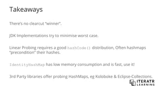 Takeaways
There’s no clearcut “winner”.
JDK Implementations try to minimise worst case.
Linear Probing requires a good hashCode() distribution, Often hashmaps
“precondition” their hashes.
IdentityHashMap has low memory consumption and is fast, use it!
3rd Party libraries offer probing HashMaps, eg Koloboke & Eclipse-Collections.
 