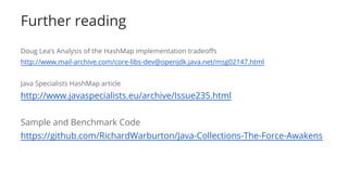 Further reading
Doug Lea’s Analysis of the HashMap implementation tradeoffs
http://www.mail-archive.com/core-libs-dev@openjdk.java.net/msg02147.html
Java Specialists HashMap article
http://www.javaspecialists.eu/archive/Issue235.html
Sample and Benchmark Code
https://github.com/RichardWarburton/Java-Collections-The-Force-Awakens
 