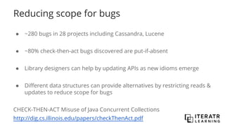 Reducing scope for bugs
● ~280 bugs in 28 projects including Cassandra, Lucene
● ~80% check-then-act bugs discovered are put-if-absent
● Library designers can help by updating APIs as new idioms emerge
● Different data structures can provide alternatives by restricting reads &
updates to reduce scope for bugs
CHECK-THEN-ACT Misuse of Java Concurrent Collections
http://dig.cs.illinois.edu/papers/checkThenAct.pdf
 