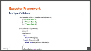 Executor Framework
Multiple Callables
List<Callable<String>> callables = Arrays.asList(
() -> "Future Task 1",
() -> "Future Task 2",
() -> "Future Task 3");
executor.invokeAll(callables)
.stream()
.map(future -> {
try {
return future.get();
} catch (Exception e) {
throw new IllegalStateException(e);
}
})
.forEach(System.out::println);
 