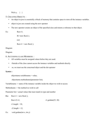 Wid=y; } }
5. CREATING OBJECTS :
• An object in java is essentially a block of memory that contains space to store all the instance variables.
• object in java are created using the new operator
• The new operator creates an object of the specified class and returns a reference to that object.
Ex: Rect r1;
R1=new Rect( );
(or)
Rect r1 = new Rect( );
Diagram
Diagram
6. ACCESSING CLASS MEMBERS :
• All variables must be assigned values before they are used.
• Outside of the class cannot access the instance variables and methods directly.
• so, we must use the concerned object and the dot operator
Syntax :
objectname.variablename = value;
objectname.methodname(parameter-list);
Variablename -> name of the instance variable inside the object we wish to access
Methodname -> the method we wish to call
Parameter list-> actual values that must match in type and number
Ex: Rect r1 = new Rect( );
Rect r2=r1; r1.getdata(25, 30)
r1.length = 10;
r2.length = 12;
Ex: void getdata(int x, int y)
 