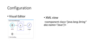 Configuration
• Visual Editor • XML view
<component class="java.lang.String"
doc:name="Java"/>
 