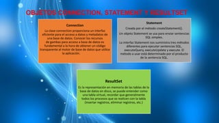 OBJETOS CONNECTION, STATEMENT Y RESULTSET
Connection
La clase connection proporciona un interfaz
eficiente para el acceso a datos y metadatos de
una base de datos. Conocer los recursos
de gambas para acceso a base de datos es
fundamental a la hora de obtener un código
transparente al motor de base de datos que utilice
la aplicación.
Statement
Creada por el método createStatement().
Un objeto Statement se usa para enviar sentencias
SQL simples.
La interfaz Statement nos suministra tres métodos
diferentes para ejecutar sentencias SQL,
executeQuery, executeUpdate y execute. El
método a usar está determinado por el producto
de la sentencia SQL.
ResultSet
Es la representación en memoria de las tablas de la
base de datos en disco, se puede entender como
una tabla virtual, recordar que generalmente
todos los procesos que se realicen con la tabla
(insertar registros, eliminar registros, etc.)
 