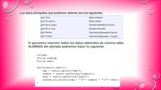 Los tipos principales que podemos obtener son los siguientes:
Si queremos imprimir todos los datos obtenidos de nuestra tabla
ALUMNOS del ejemplo podremos hacer lo siguiente:
 