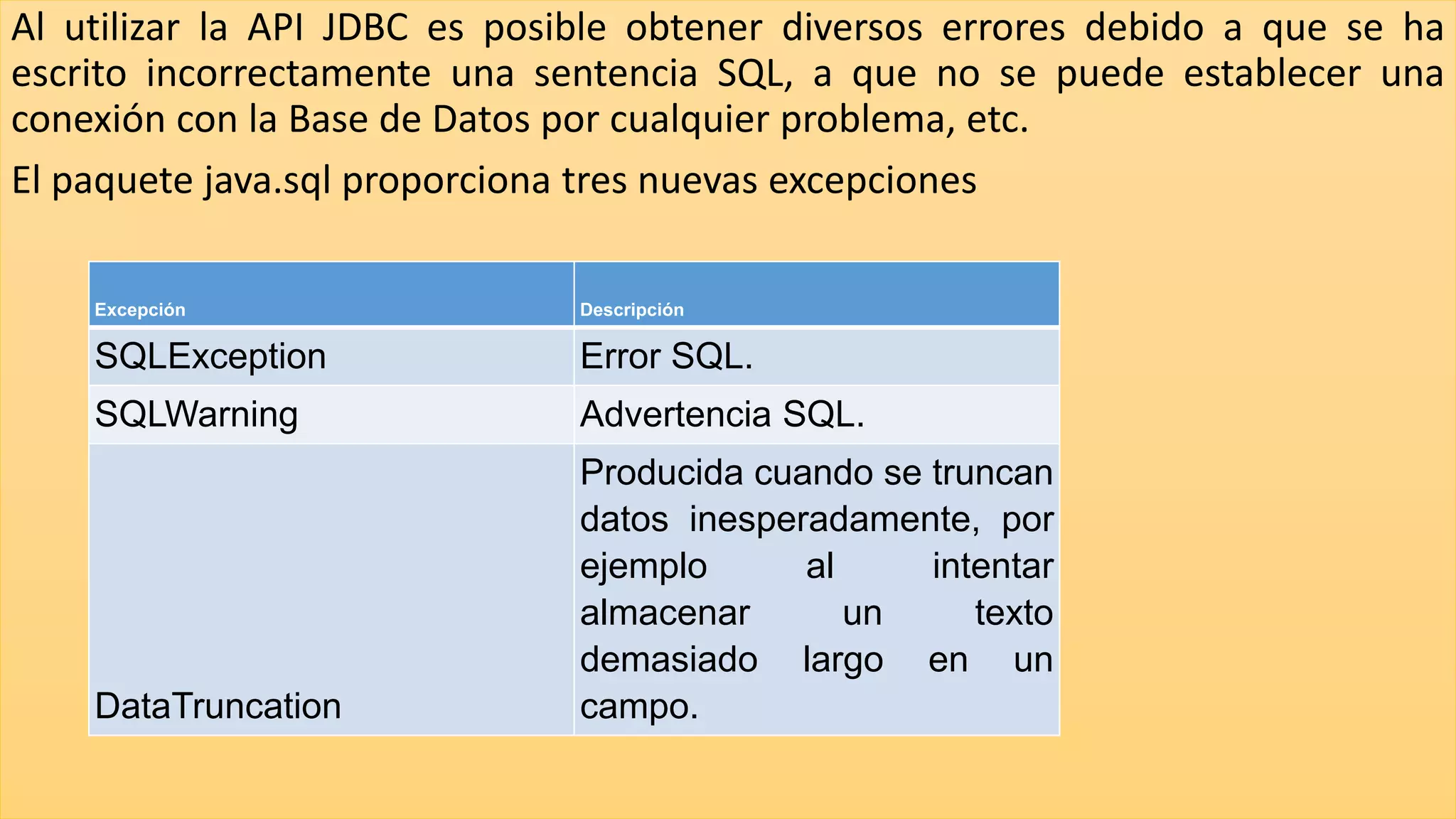 Al utilizar la API JDBC es posible obtener diversos errores debido a que se ha
escrito incorrectamente una sentencia SQL, a que no se puede establecer una
conexión con la Base de Datos por cualquier problema, etc.
El paquete java.sql proporciona tres nuevas excepciones
Excepción Descripción
SQLException Error SQL.
SQLWarning Advertencia SQL.
DataTruncation
Producida cuando se truncan
datos inesperadamente, por
ejemplo al intentar
almacenar un texto
demasiado largo en un
campo.
 
