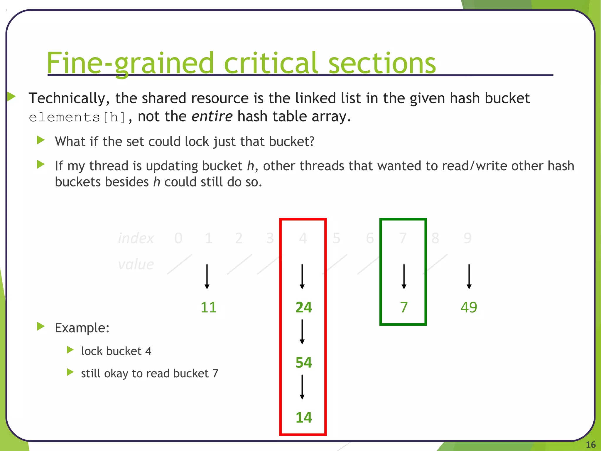 16 
Fine-grained critical sections 
 Technically, the shared resource is the linked list in the given hash bucket 
elements[h], not the entire hash table array. 
 What if the set could lock just that bucket? 
 If my thread is updating bucket h, other threads that wanted to read/write other hash 
buckets besides h could still do so. 
 Example: 
index 0 1 2 3 4 5 6 7 8 9 
value 
11 24 7 49 
 lock bucket 4 
 still okay to read bucket 7 
54 
14 
 