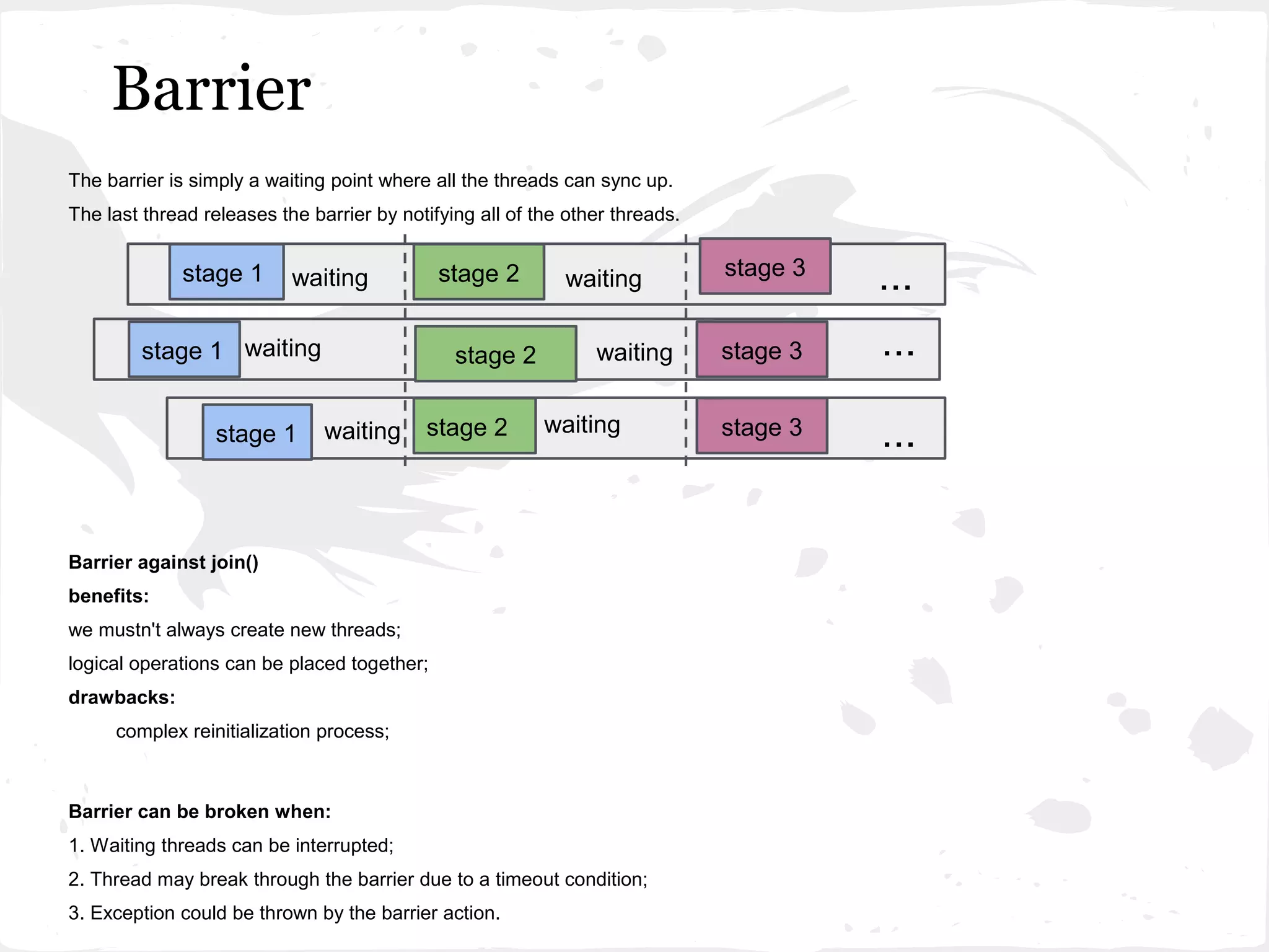Barrier
The barrier is simply a waiting point where all the threads can sync up.
The last thread releases the barrier by notifying all of the other threads.


             stage 1       waiting           stage 2        waiting           stage 3
                                                                                        ...
        stage 1 waiting                        stage 2          waiting       stage 3   ...

                  stage 1      waiting     stage 2        waiting             stage 3   ...

Barrier against join()
benefits:
we mustn't always create new threads;
logical operations can be placed together;
drawbacks:
     complex reinitialization process;



Barrier can be broken when:
1. Waiting threads can be interrupted;
2. Thread may break through the barrier due to a timeout condition;
3. Exception could be thrown by the barrier action.
 
