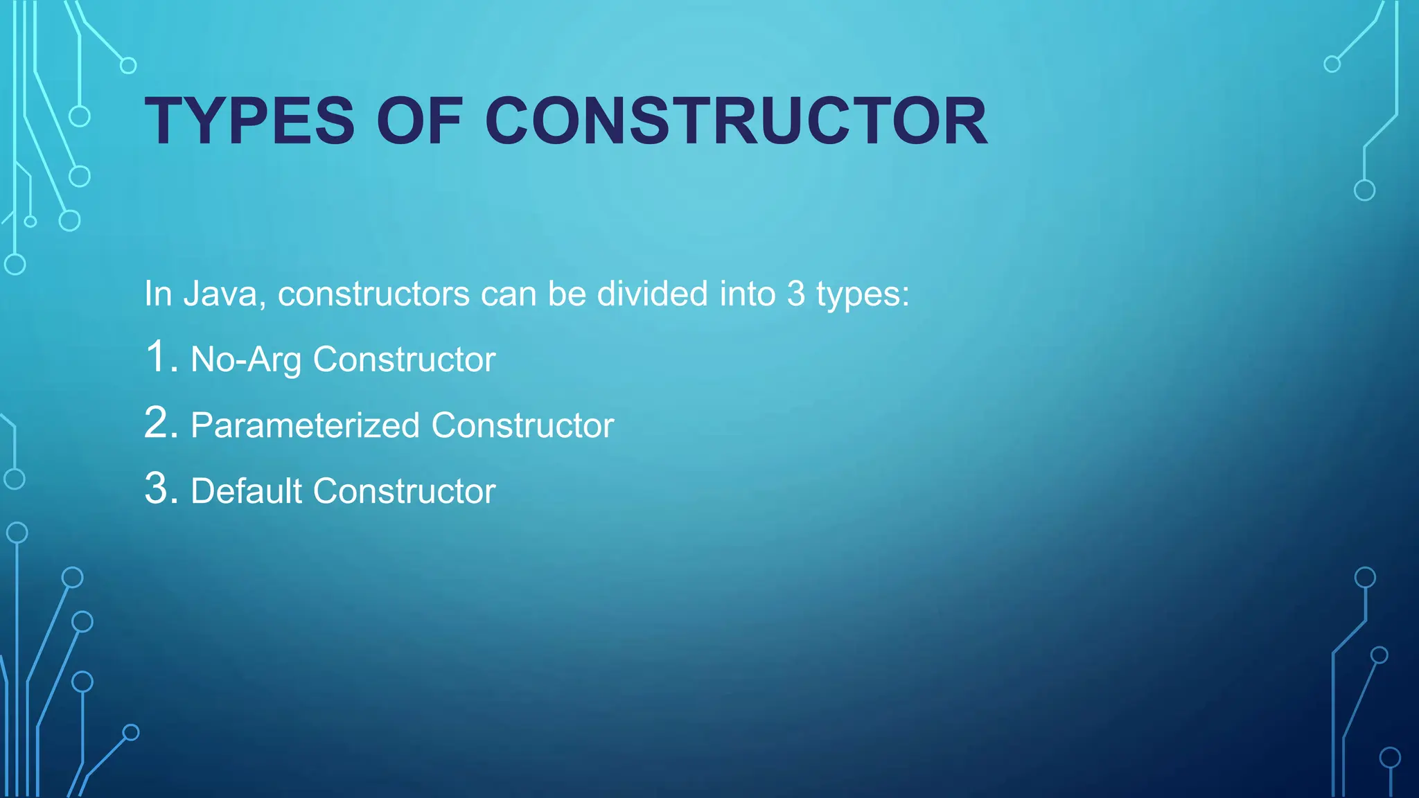 TYPES OF CONSTRUCTOR
In Java, constructors can be divided into 3 types:
1. No-Arg Constructor
2. Parameterized Constructor
3. Default Constructor
 