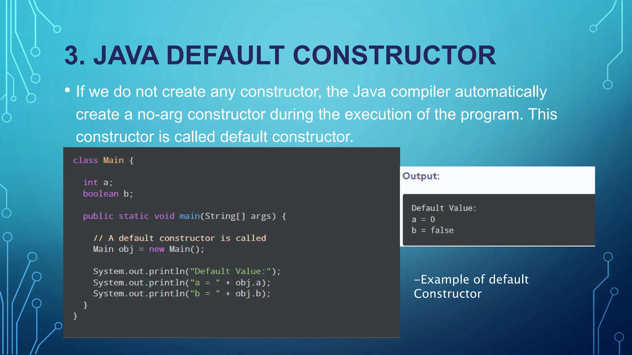 3. JAVA DEFAULT CONSTRUCTOR
• If we do not create any constructor, the Java compiler automatically
create a no-arg constructor during the execution of the program. This
constructor is called default constructor.
-Example of default
Constructor
 