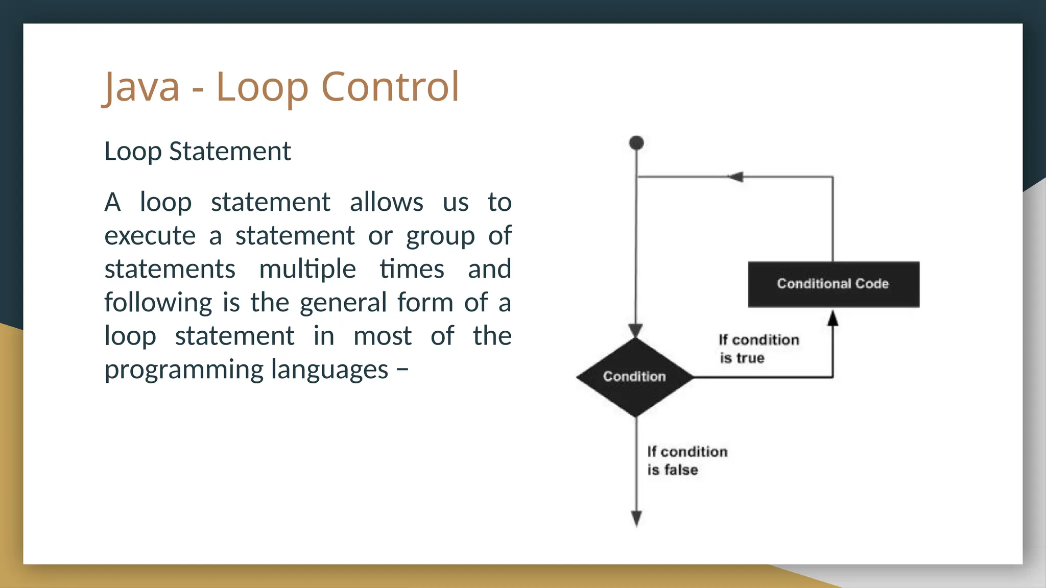Java - Loop Control
Loop Statement
A loop statement allows us to
execute a statement or group of
statements multiple times and
following is the general form of a
loop statement in most of the
programming languages −
 