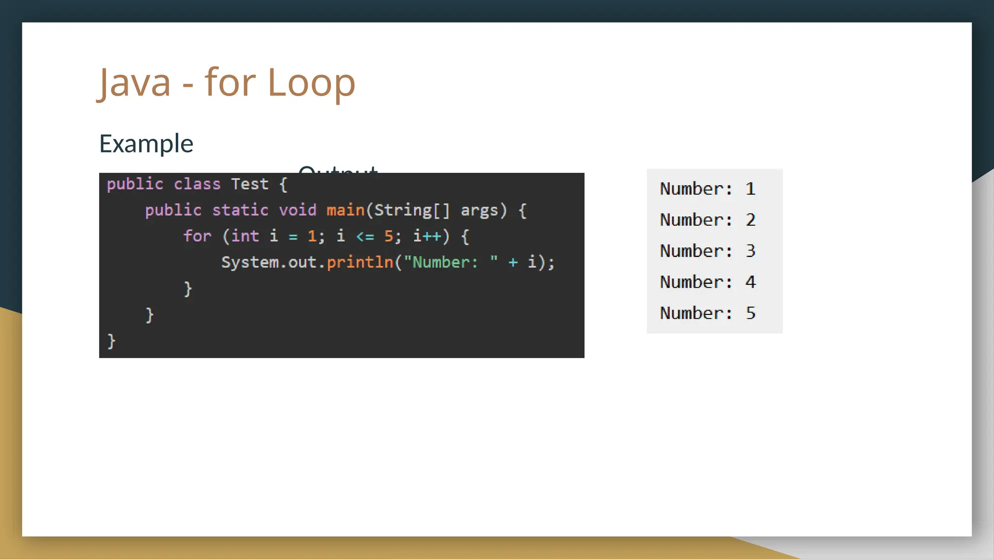 Java - for Loop
Example
Output
 