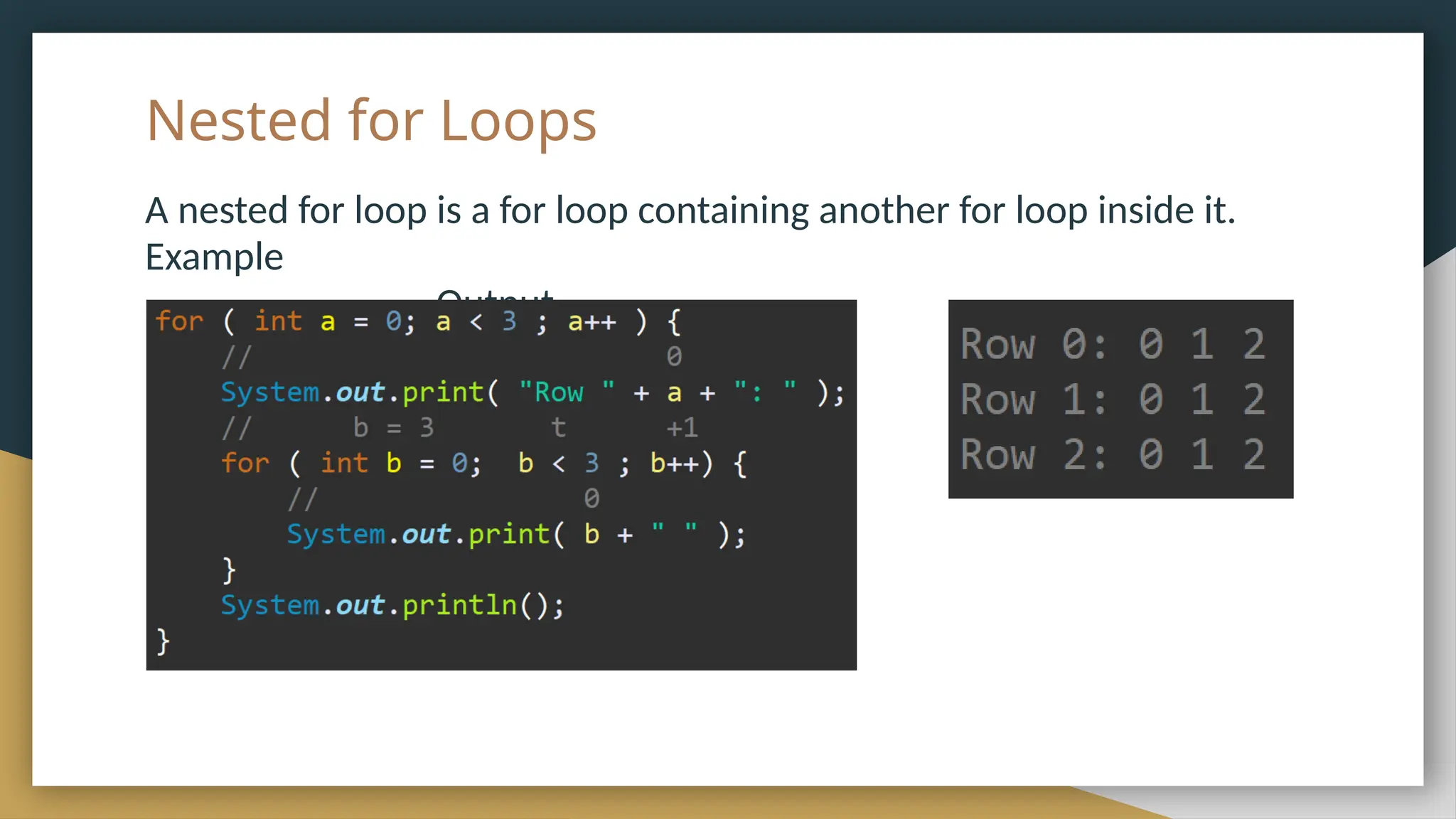 Nested for Loops
A nested for loop is a for loop containing another for loop inside it.
Example
Output
 