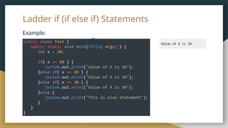Ladder if (if else if) Statements
Example:
Output:
 