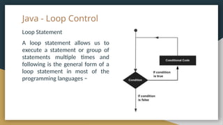 Java - Loop Control
Loop Statement
A loop statement allows us to
execute a statement or group of
statements multiple times and
following is the general form of a
loop statement in most of the
programming languages −
 