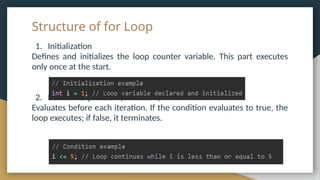 Structure of for Loop
1. Initialization
Defines and initializes the loop counter variable. This part executes
only once at the start.
2. Boolean Expression (Condition)
Evaluates before each iteration. If the condition evaluates to true, the
loop executes; if false, it terminates.
 